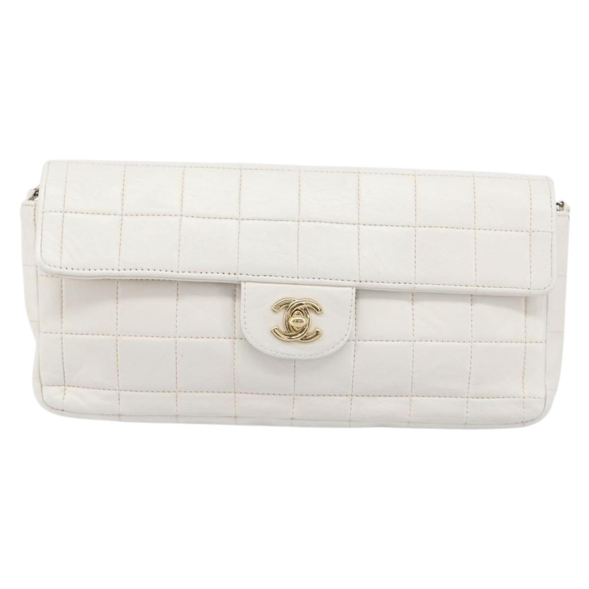 CHANEL Choco Bar Shoulder Bag Lamb Skin White Gold Tone CC Auth 209121