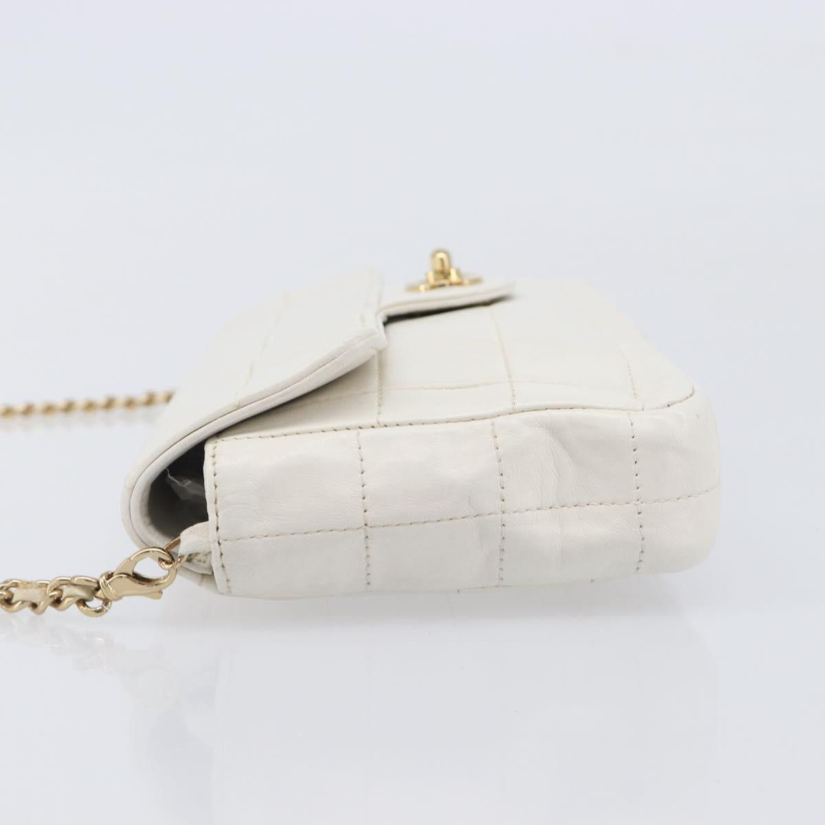 CHANEL Choco Bar Shoulder Bag Lamb Skin White Gold Tone CC Auth 209121
