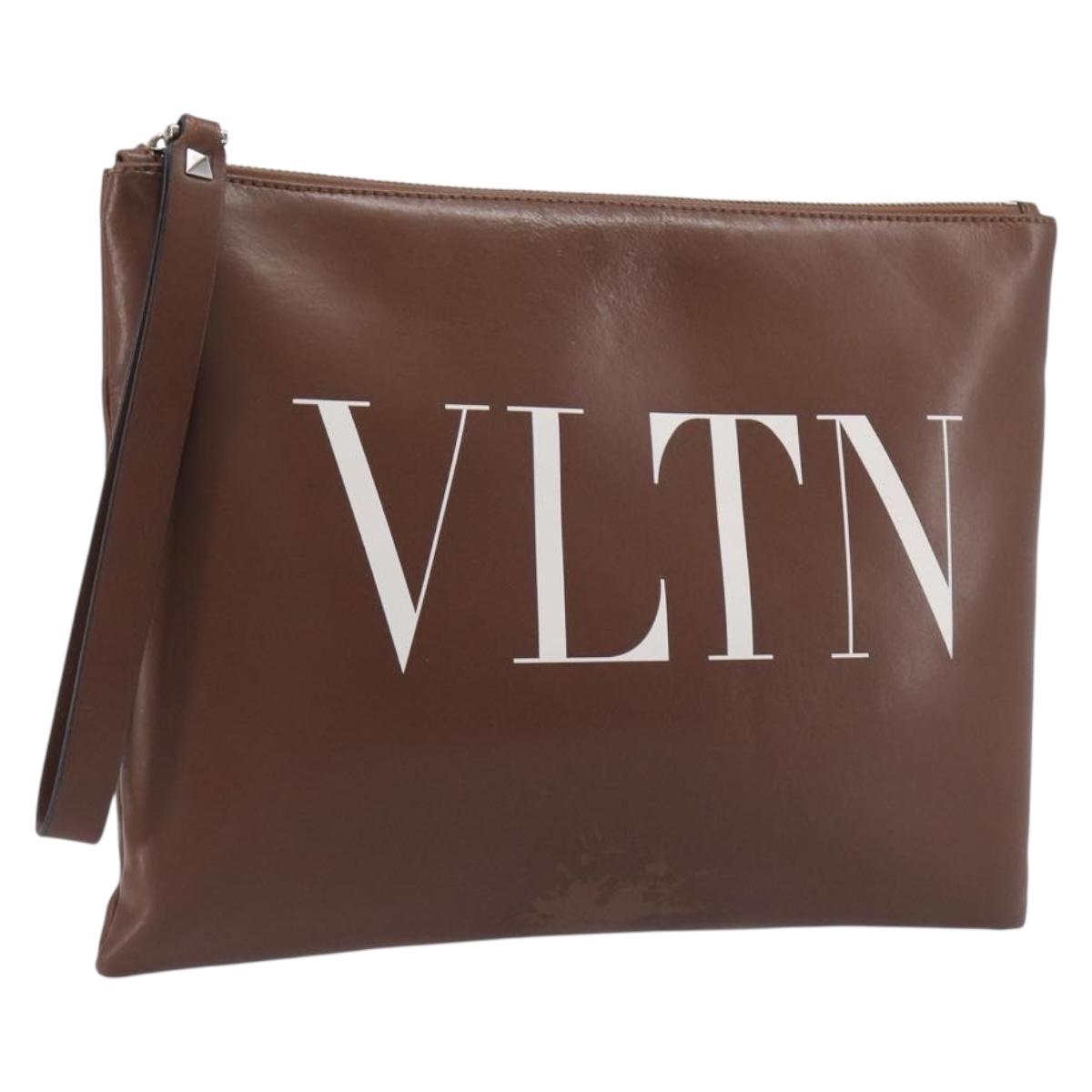 Valentino Clutch Bag Leather Brown Silver Auth 209130