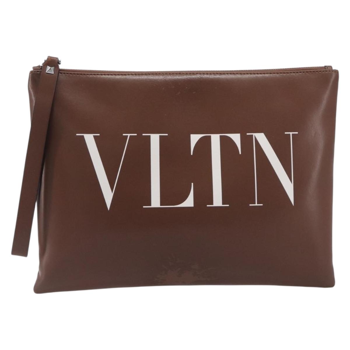 Valentino Clutch Bag Leather Brown Silver Auth 209130