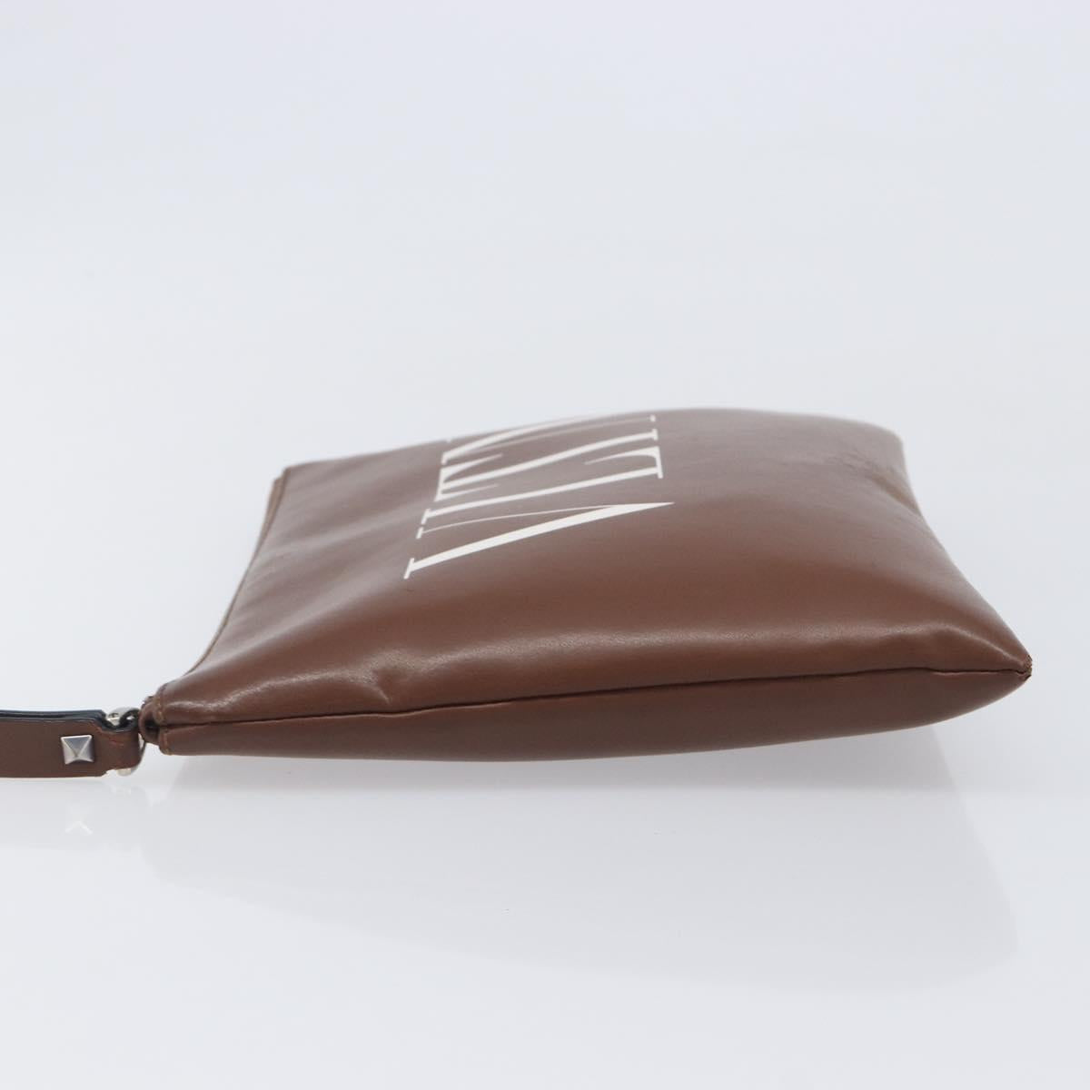 Valentino Clutch Bag Leather Brown Silver Auth 209130