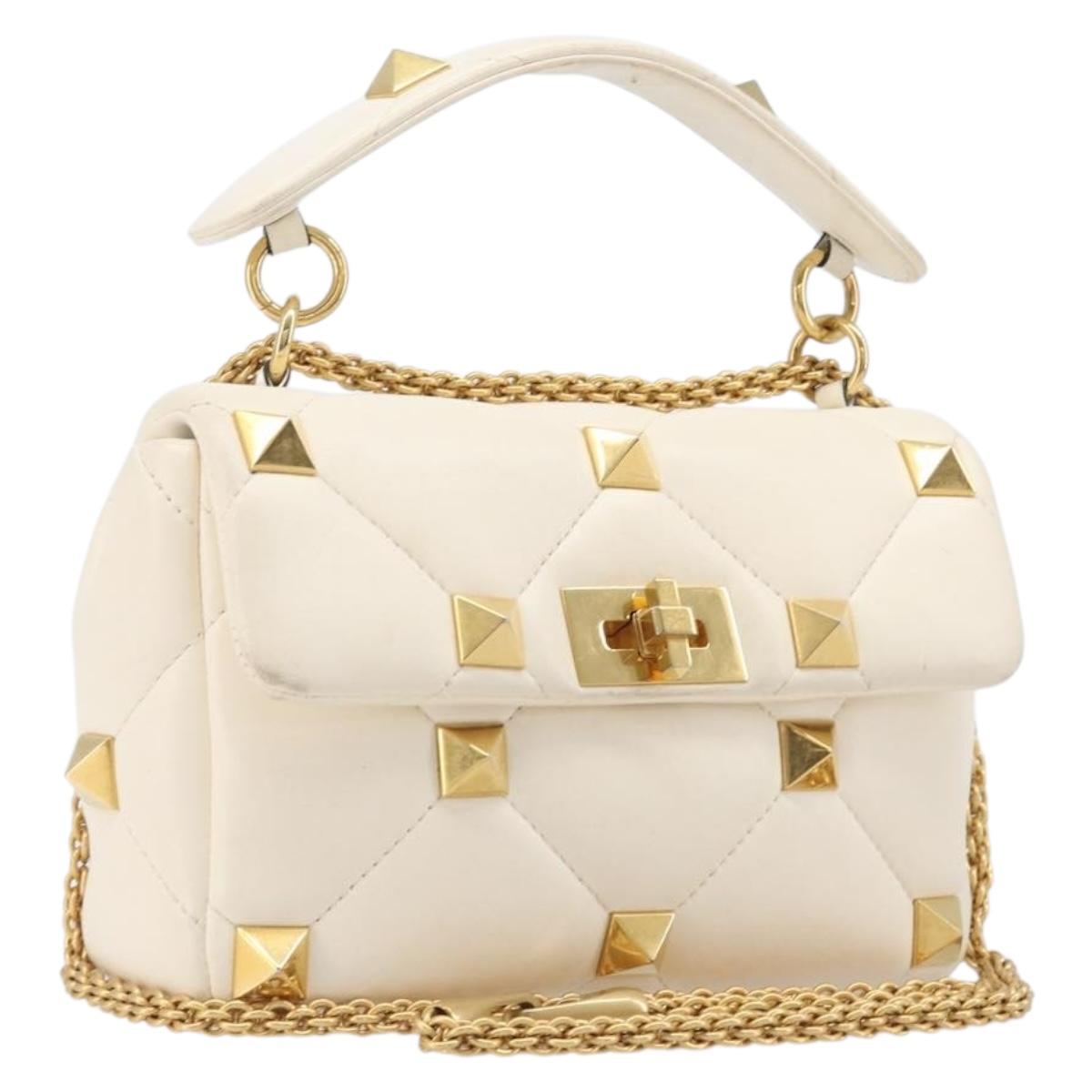 Valentino Roman Studs Hand Bag Leather 2way Ivory Gold Auth 209138A