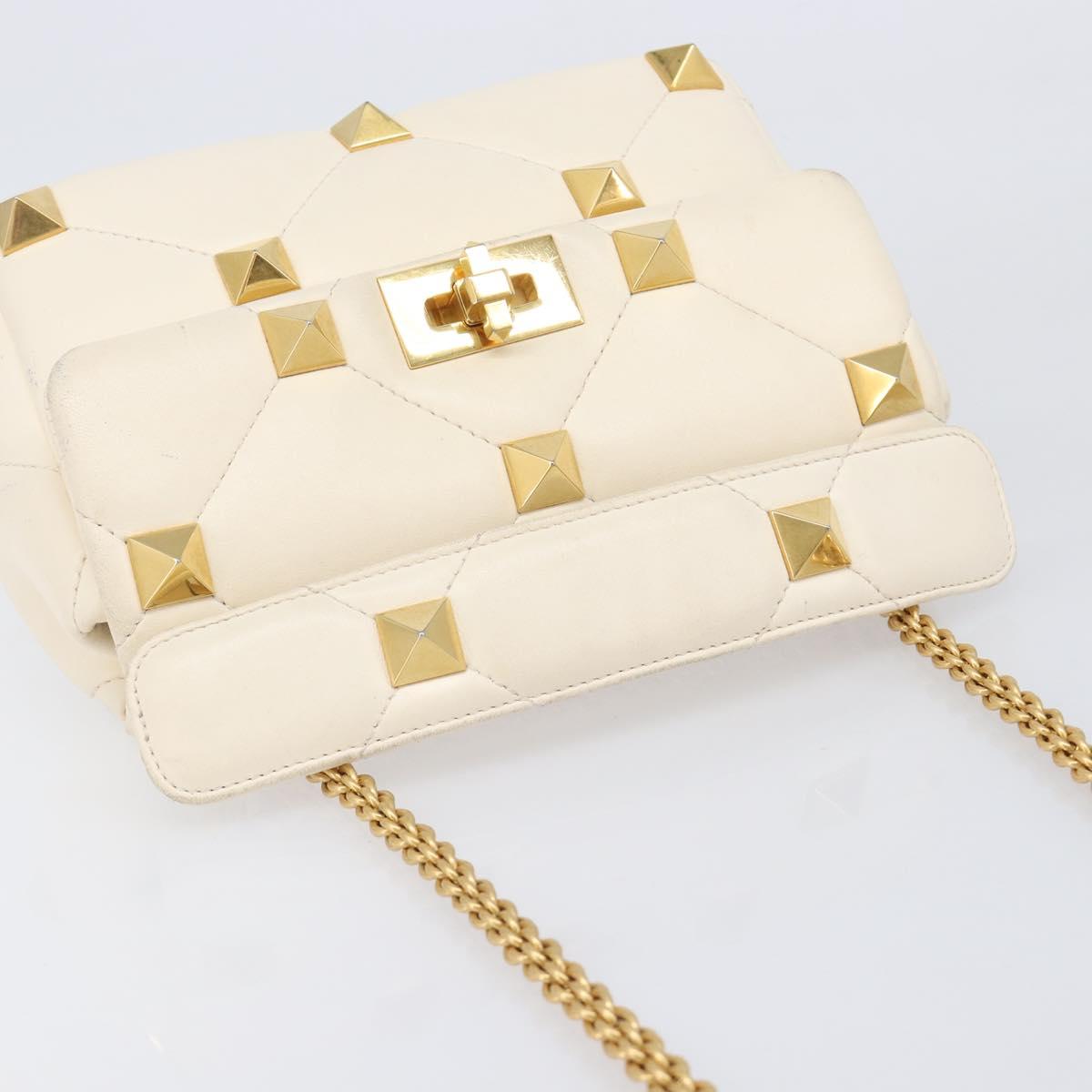 Valentino Roman Studs Hand Bag Leather 2way Ivory Gold Auth 209138A