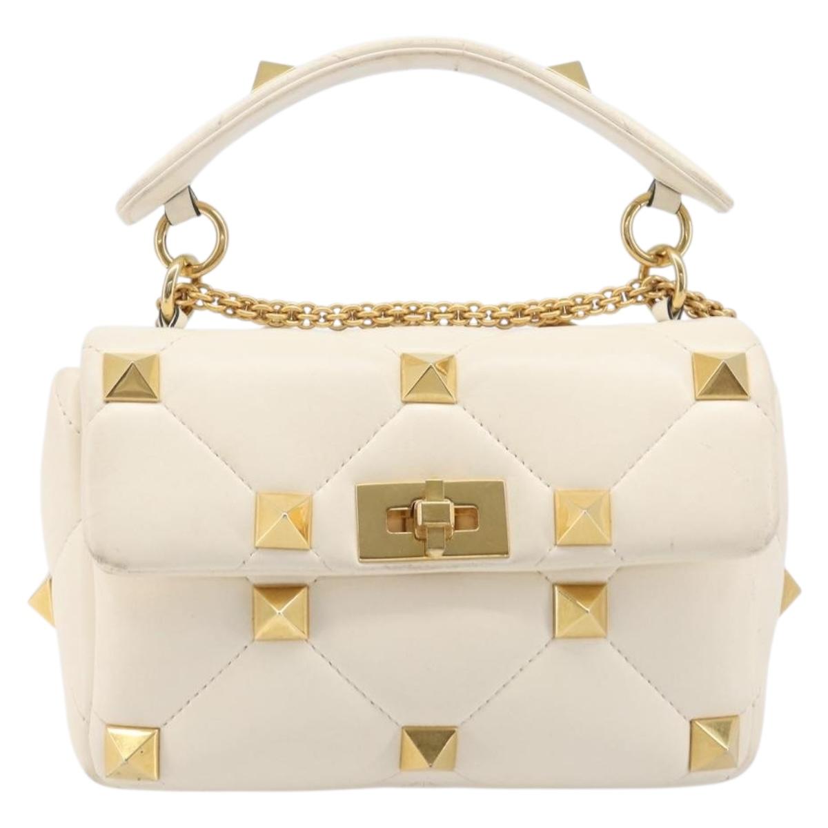 Valentino Roman Studs Hand Bag Leather 2way Ivory Gold Auth 209138A