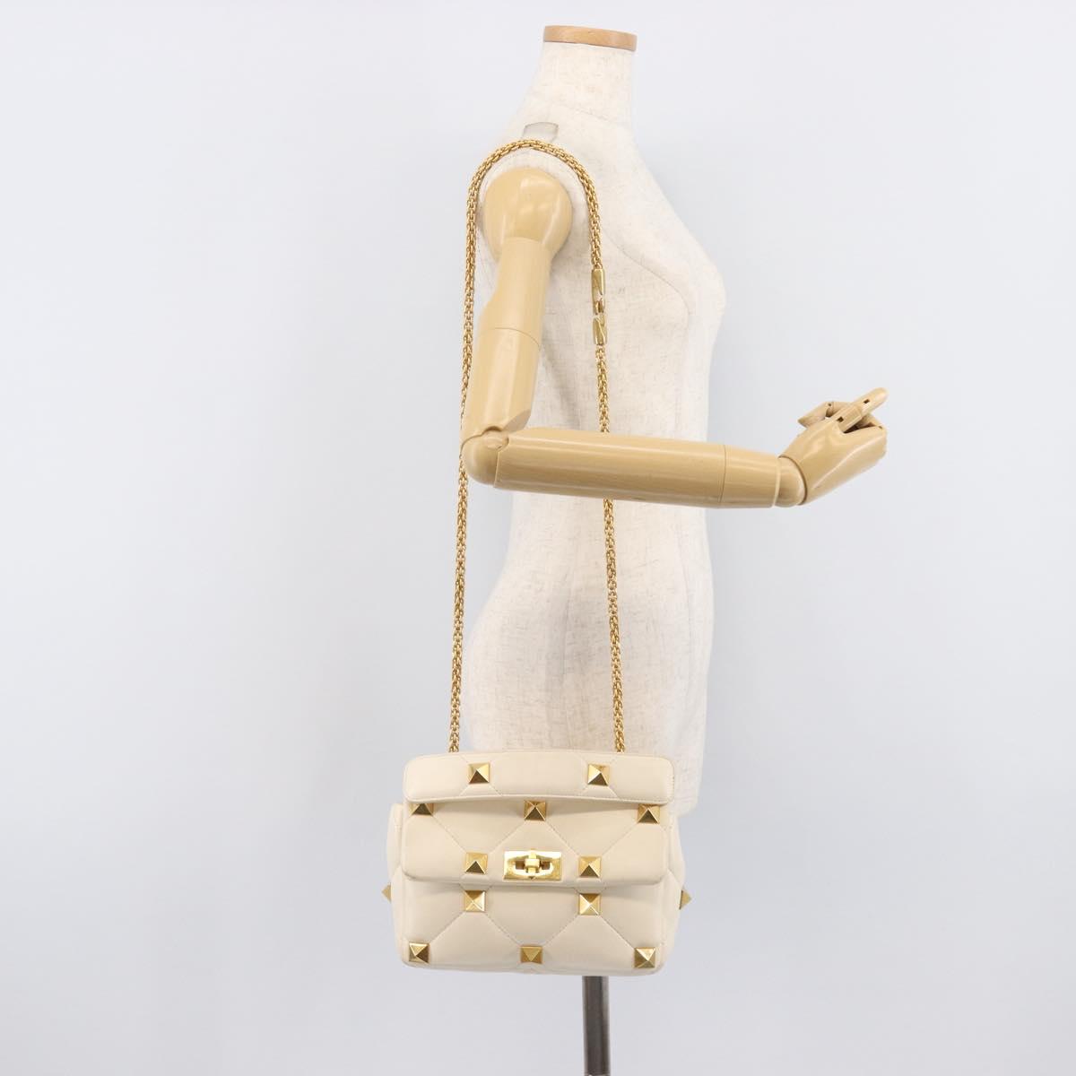 Valentino Roman Studs Hand Bag Leather 2way Ivory Gold Auth 209138A