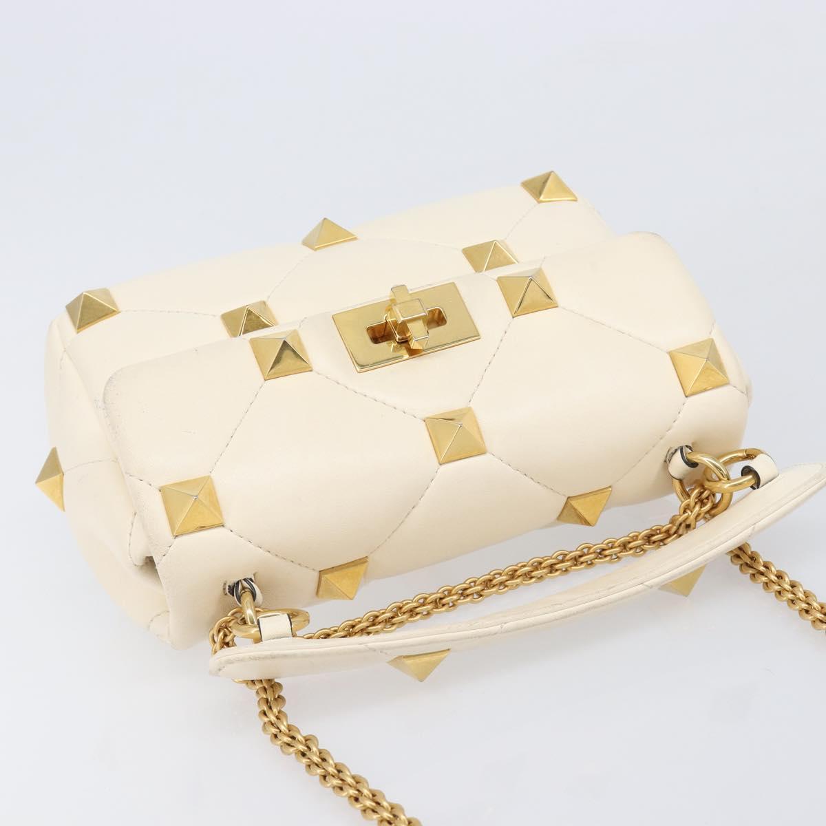 Valentino Roman Studs Hand Bag Leather 2way Ivory Gold Auth 209138A