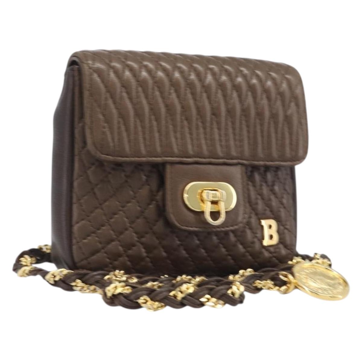 Bally Quilted ChainShoulder Pouch Leather Brown Gold Tone Auth 209174A