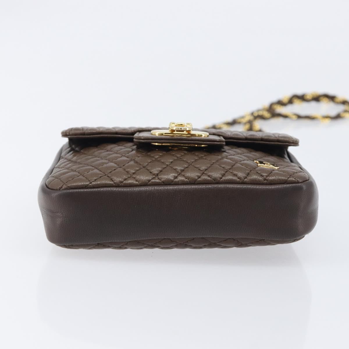 Bally Quilted ChainShoulder Pouch Leather Brown Gold Tone Auth 209174A