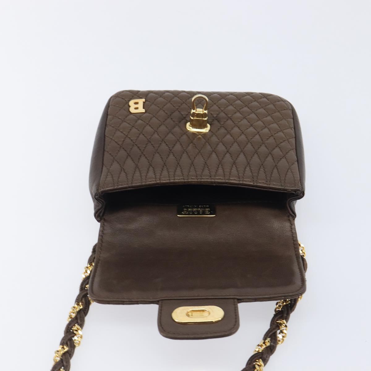 Bally Quilted ChainShoulder Pouch Leather Brown Gold Tone Auth 209174A