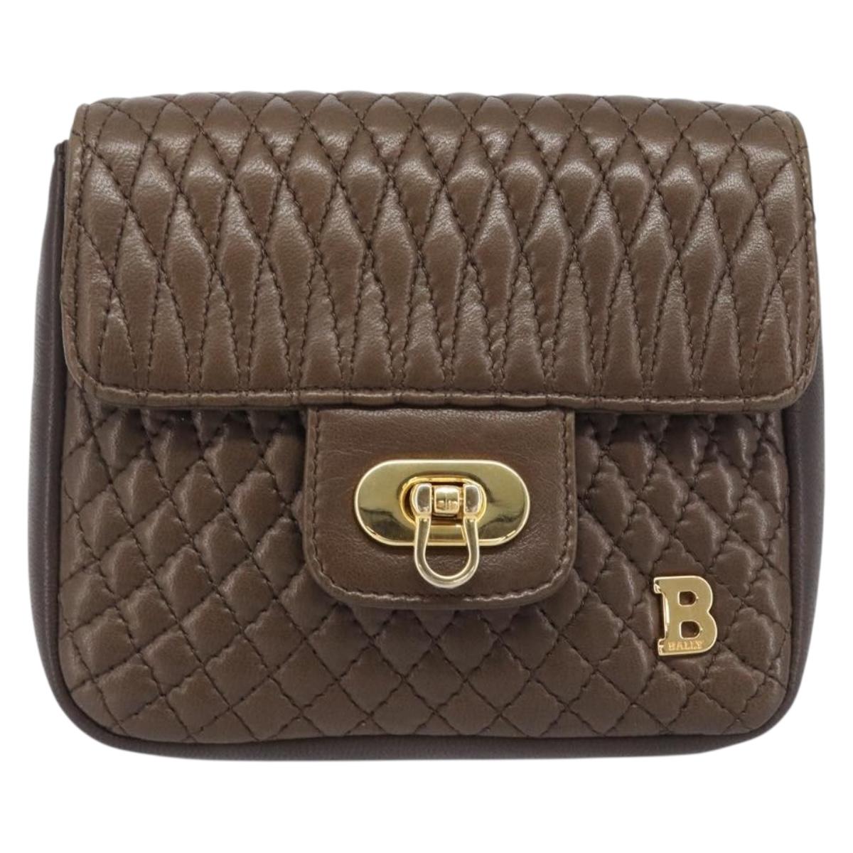 Bally Quilted ChainShoulder Pouch Leather Brown Gold Tone Auth 209174A
