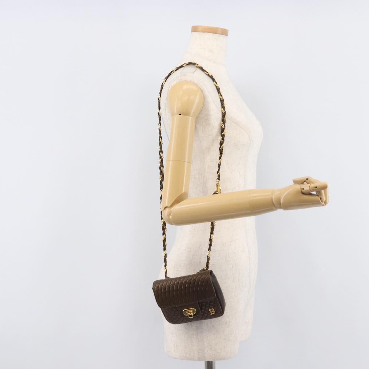 Bally Quilted ChainShoulder Pouch Leather Brown Gold Tone Auth 209174A