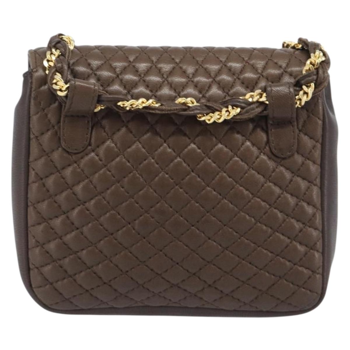 Bally Quilted ChainShoulder Pouch Leather Brown Gold Tone Auth 209174A