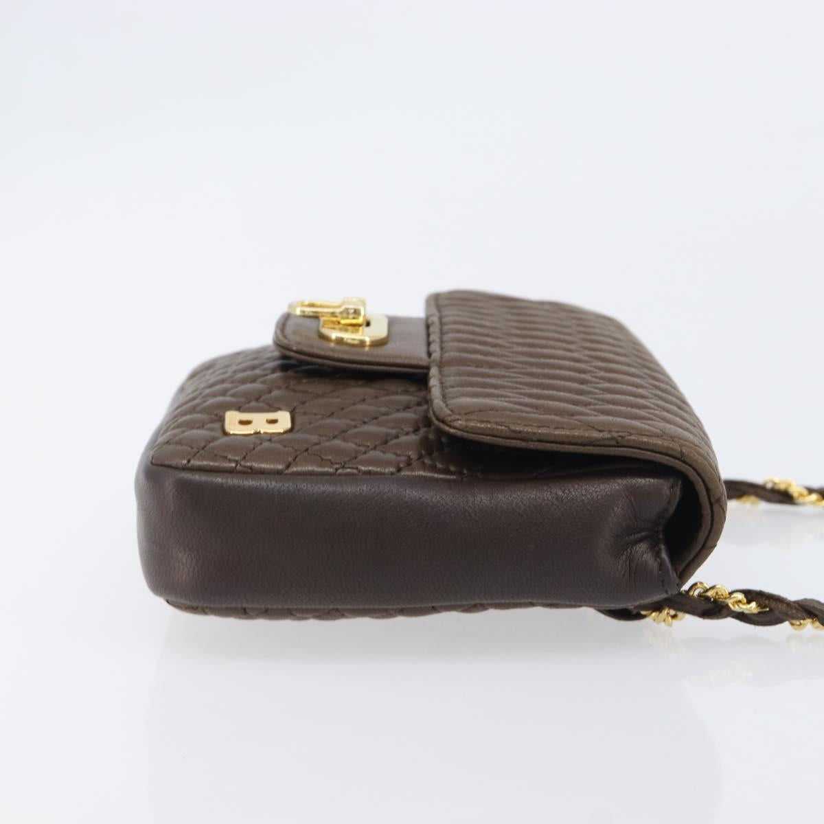 Bally Quilted ChainShoulder Pouch Leather Brown Gold Tone Auth 209174A