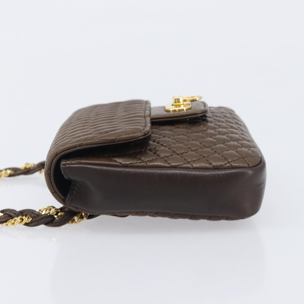 Bally Quilted ChainShoulder Pouch Leather Brown Gold Tone Auth 209174A