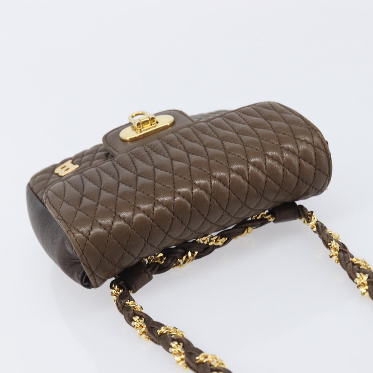 Bally Quilted ChainShoulder Pouch Leather Brown Gold Tone Auth 209174A