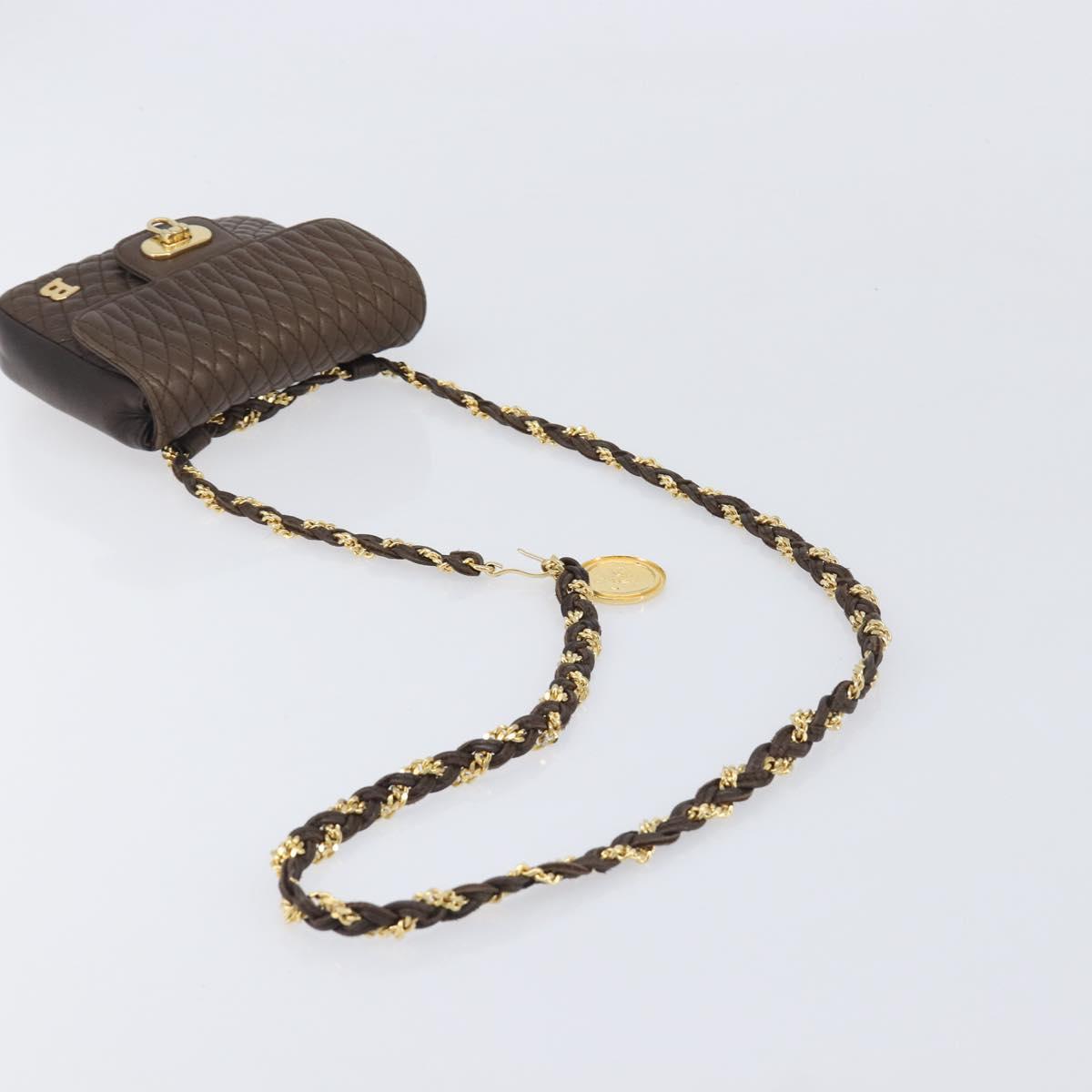 Bally Quilted ChainShoulder Pouch Leather Brown Gold Tone Auth 209174A