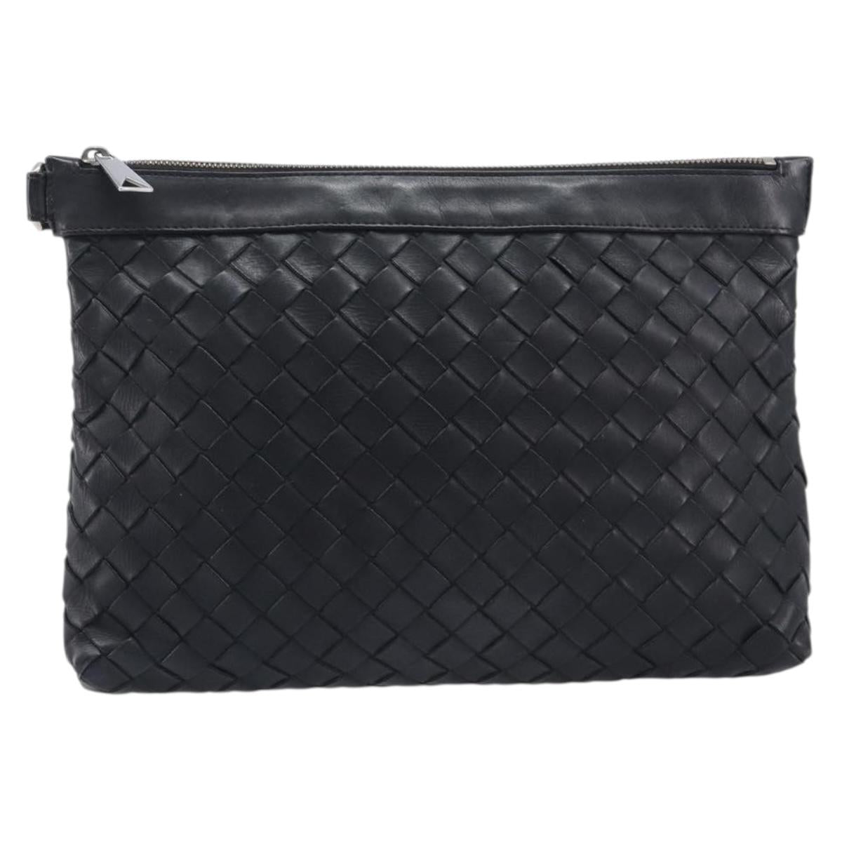 Bottega Veneta INTRECCIATO Clutch Bag Leather Black Silver Auth 209228