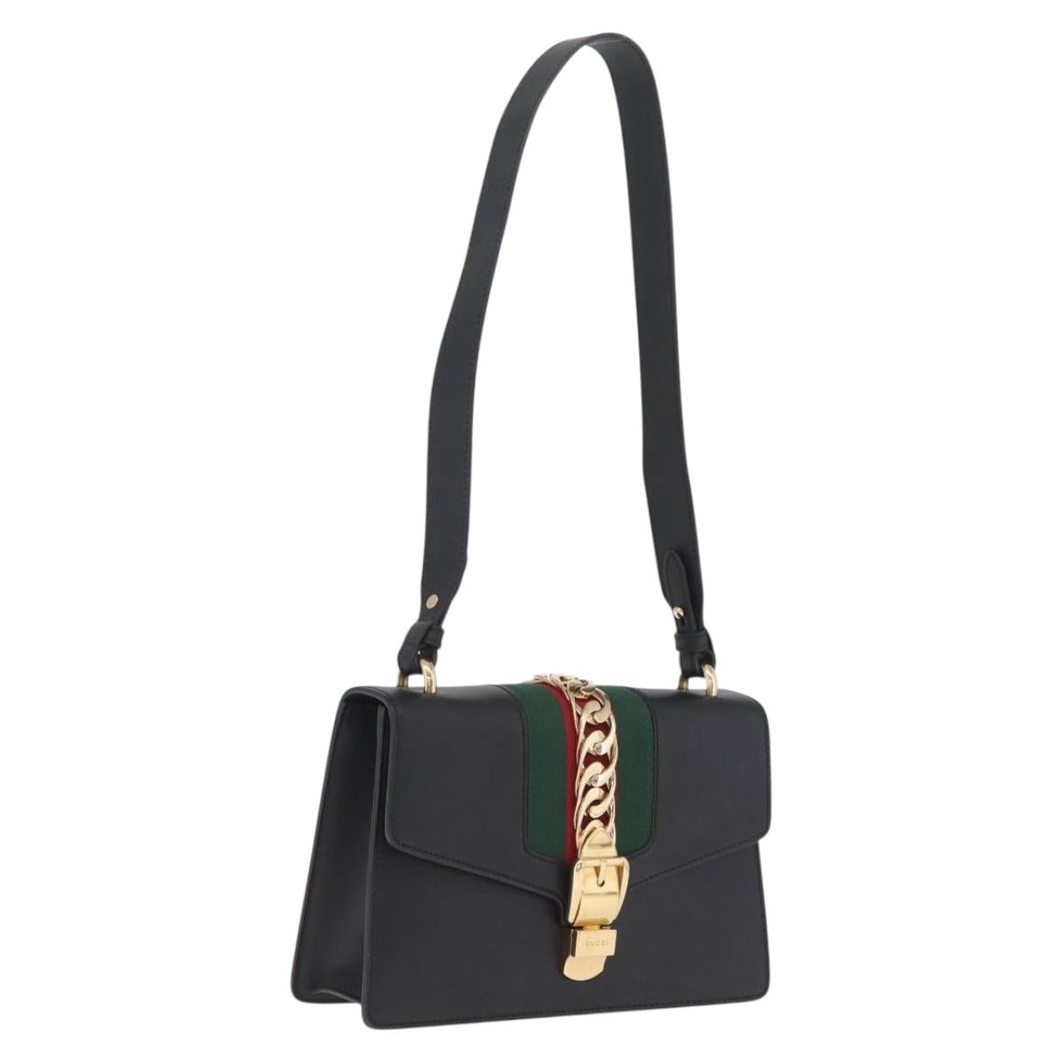 GUCCI Web Sherry Line Silvi Shoulder Bag Leather Black Gold 421882 Auth 209243V