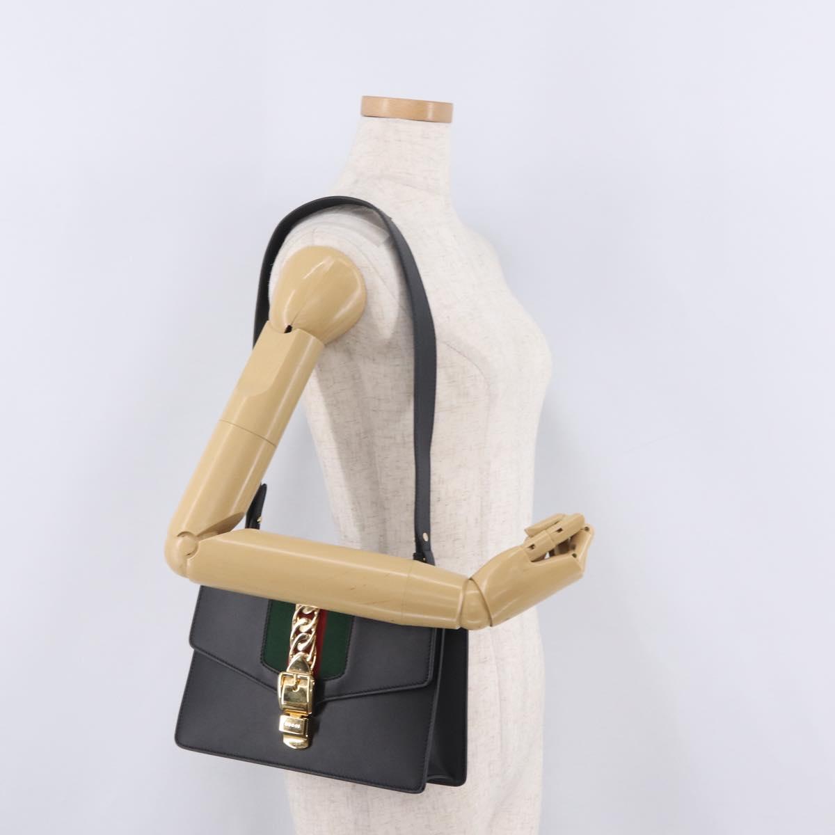 GUCCI Web Sherry Line Silvi Shoulder Bag Leather Black Gold 421882 Auth 209243V
