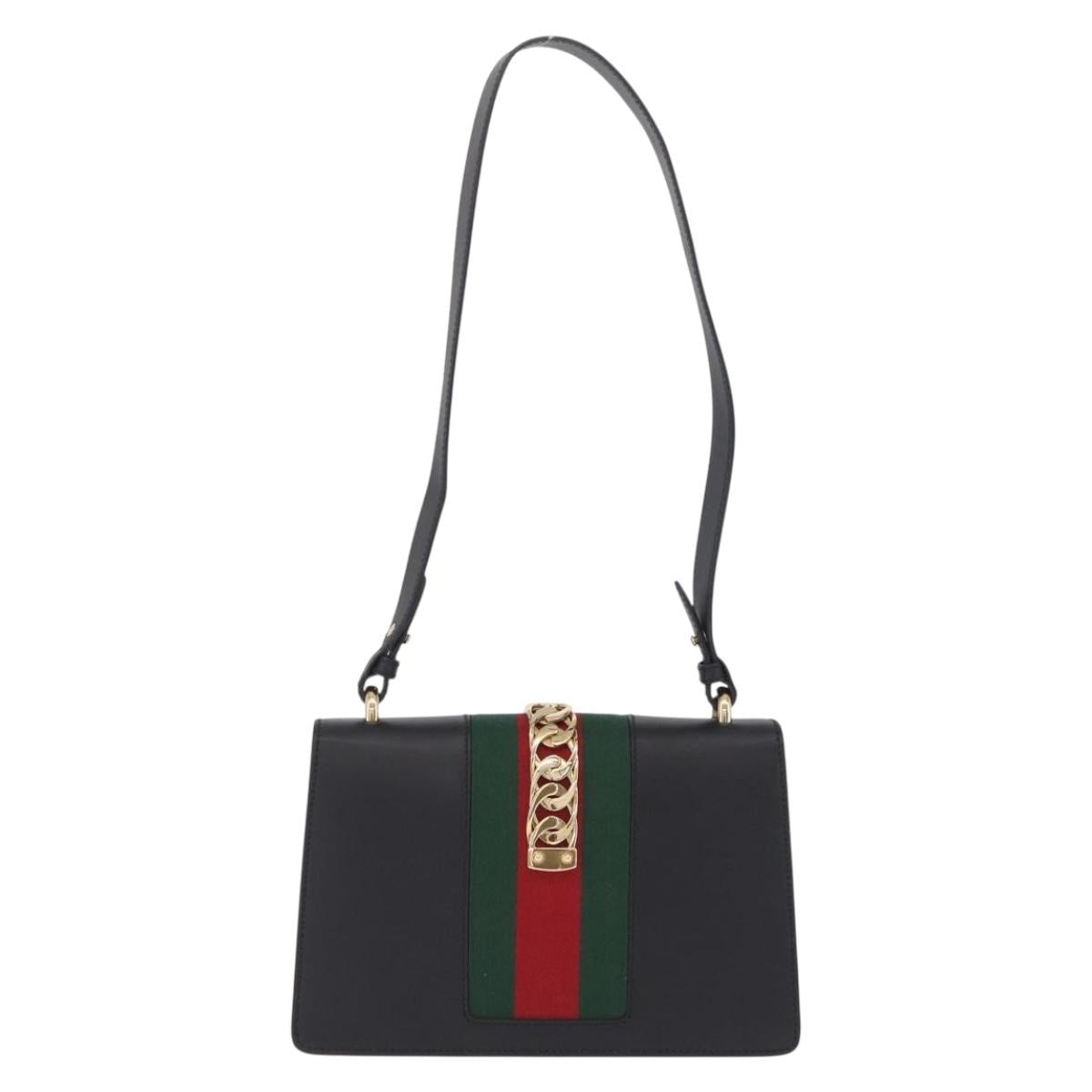 GUCCI Web Sherry Line Silvi Shoulder Bag Leather Black Gold 421882 Auth 209243V