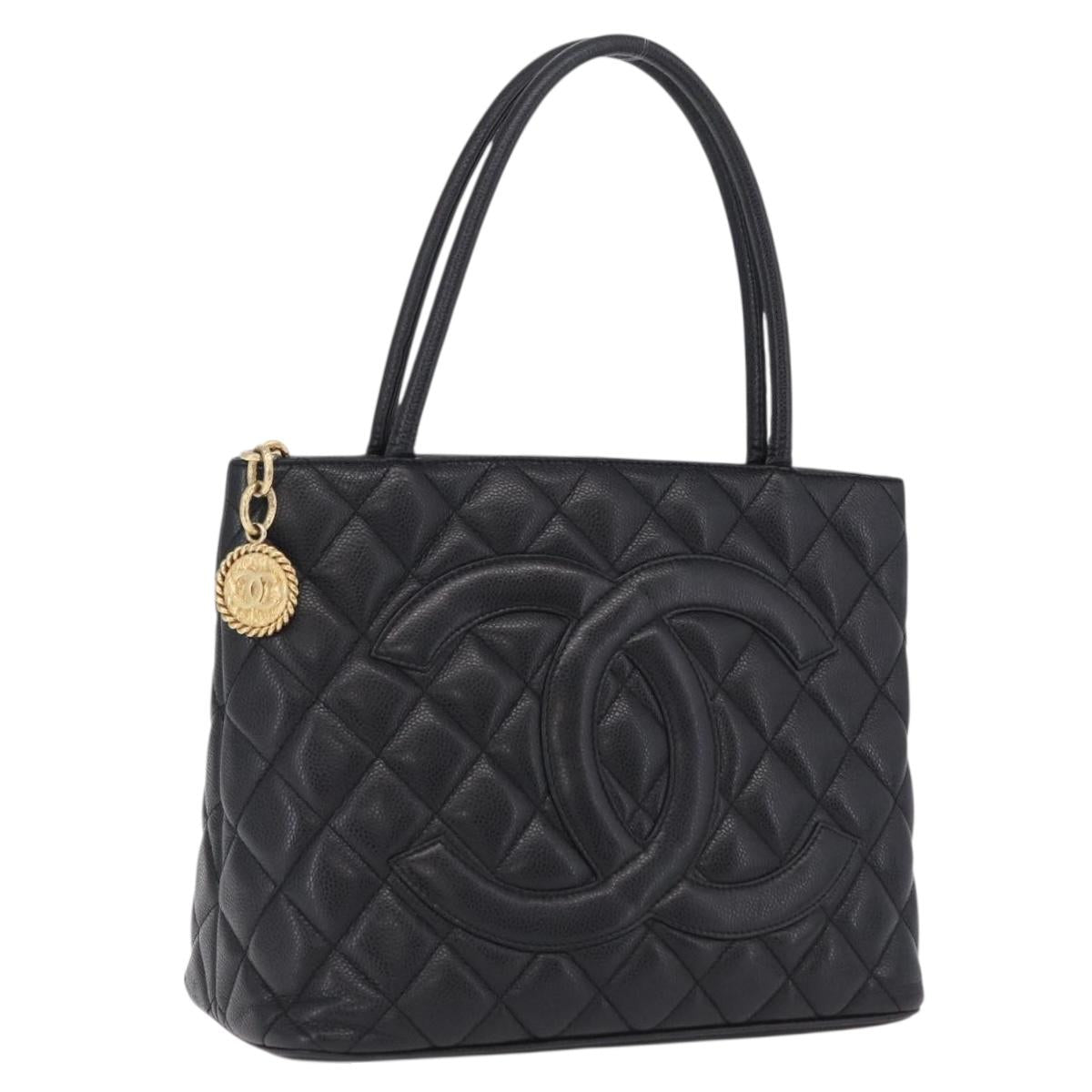 CHANEL Standard Tote Bag Caviar Skin Black Gold CC Auth 209268V