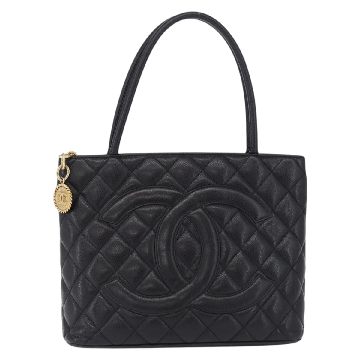 CHANEL Standard Tote Bag Caviar Skin Black Gold CC Auth 209268V