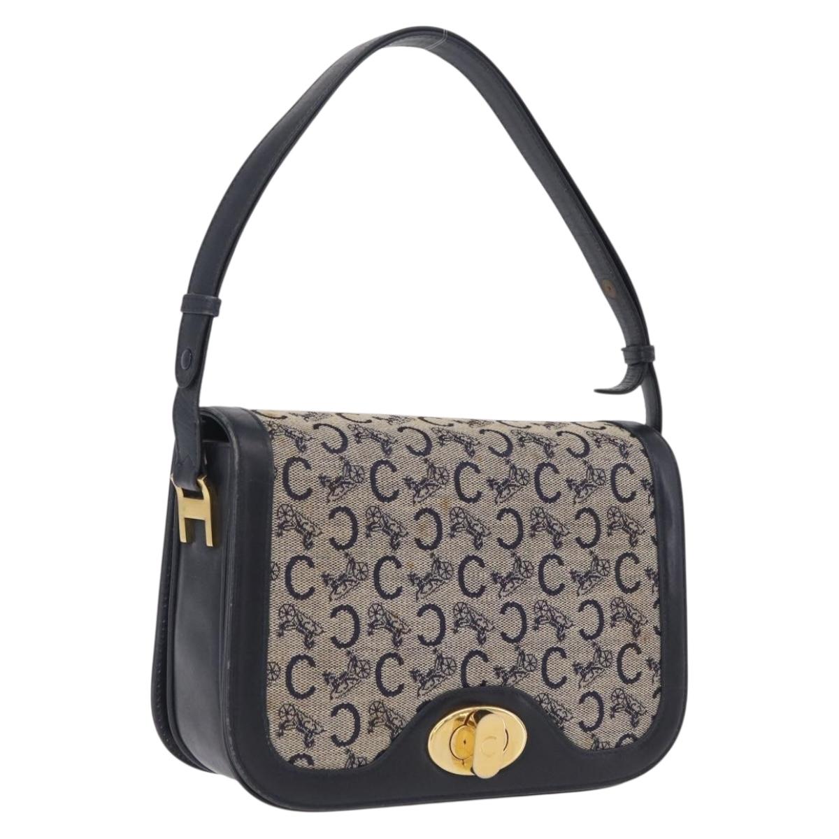 CELINE C Macadam Canvas Shoulder Bag Navy Gold Auth 209321