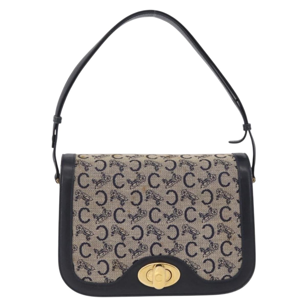 CELINE C Macadam Canvas Shoulder Bag Navy Gold Auth 209321