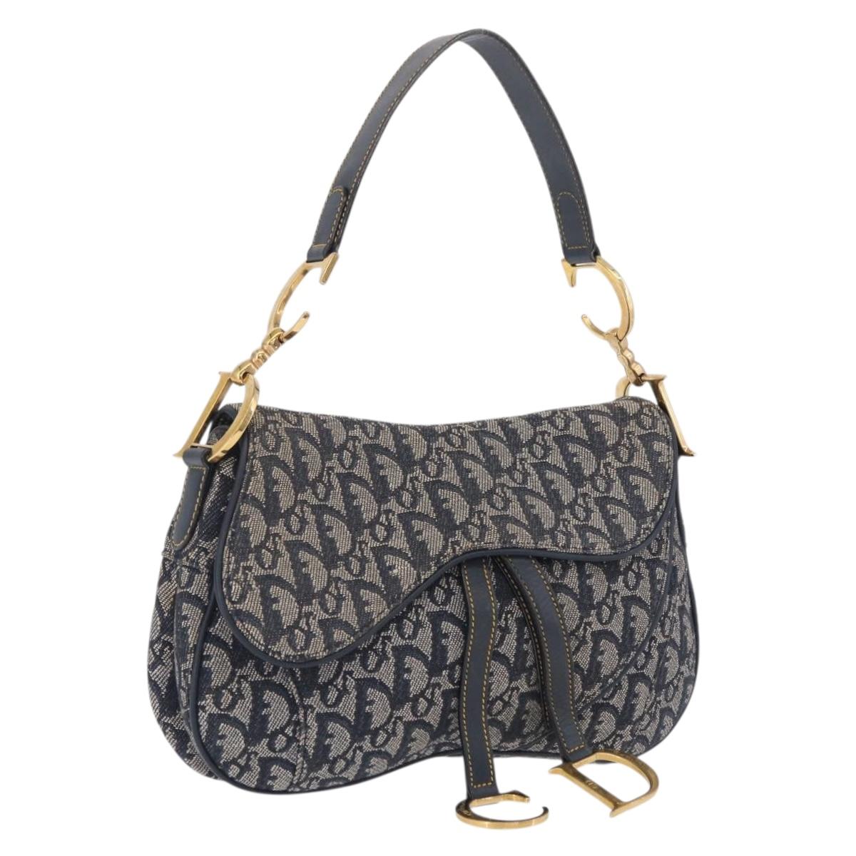 Christian Dior Trotter Canvas Double Saddle Shoulder Bag Navy Gold Auth 209322M