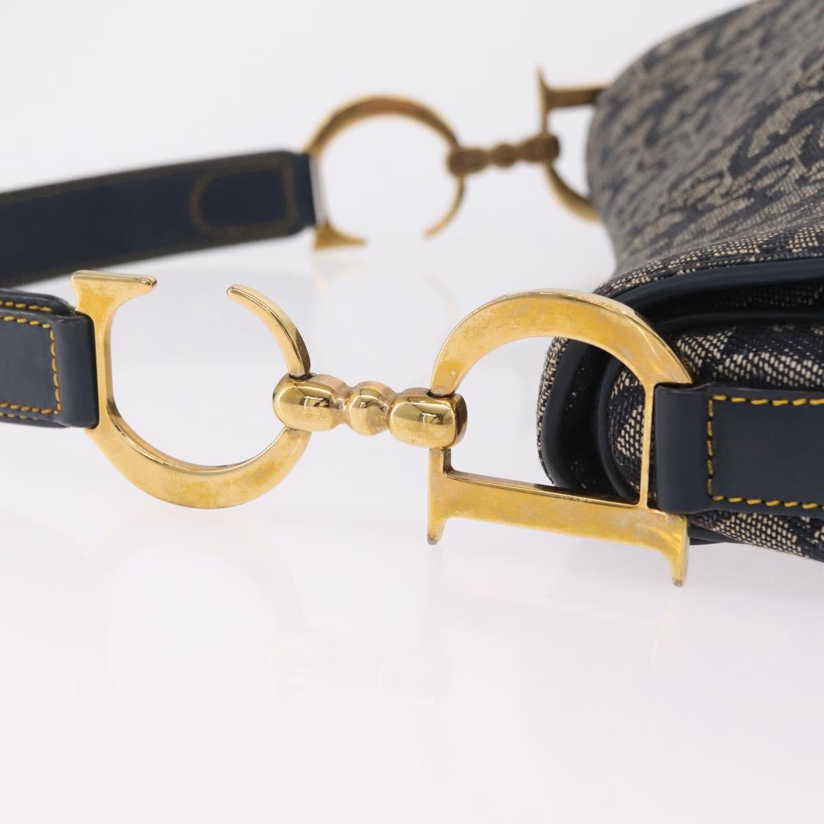 Christian Dior Trotter Canvas Double Saddle Shoulder Bag Navy Gold Auth 209322M