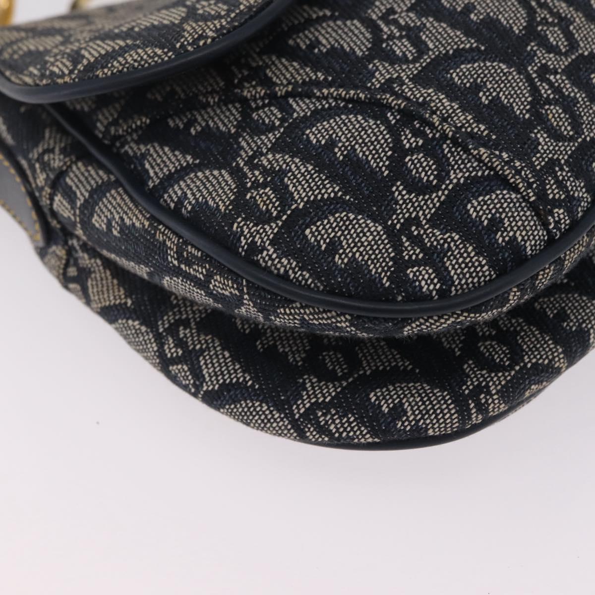 Christian Dior Trotter Canvas Double Saddle Shoulder Bag Navy Gold Auth 209322M