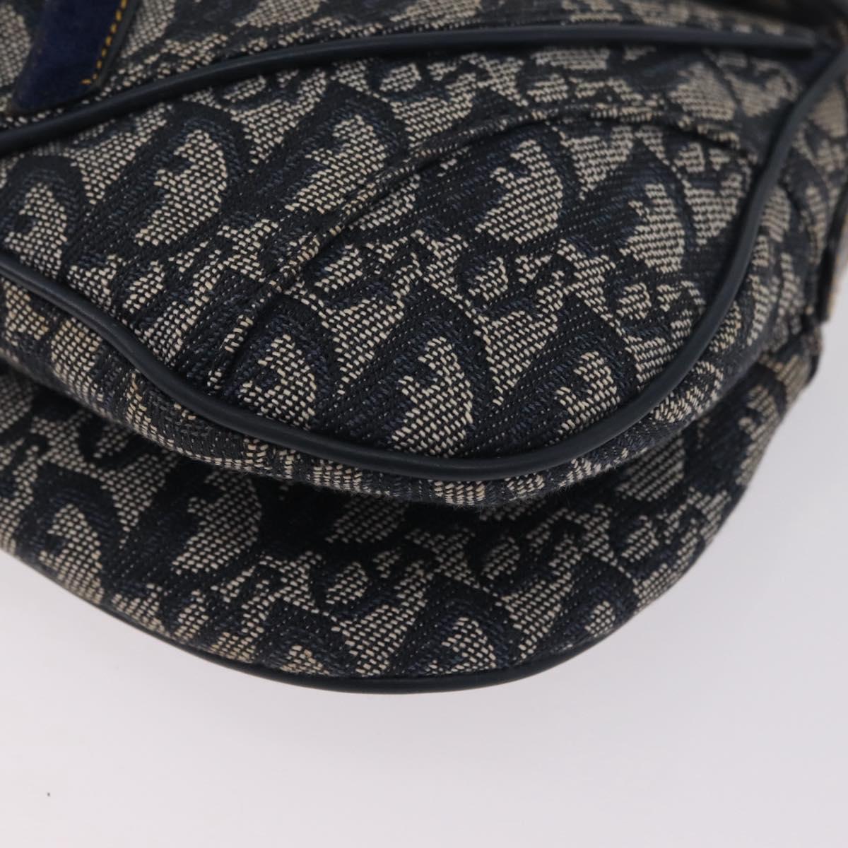Christian Dior Trotter Canvas Double Saddle Shoulder Bag Navy Gold Auth 209322M