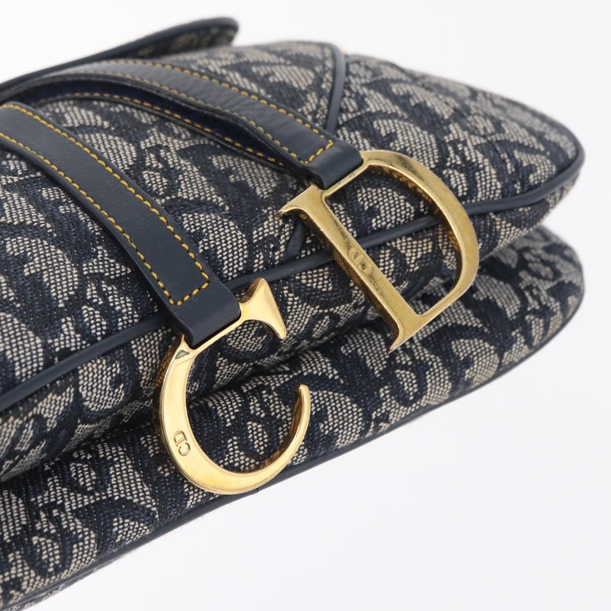 Christian Dior Trotter Canvas Double Saddle Shoulder Bag Navy Gold Auth 209322M