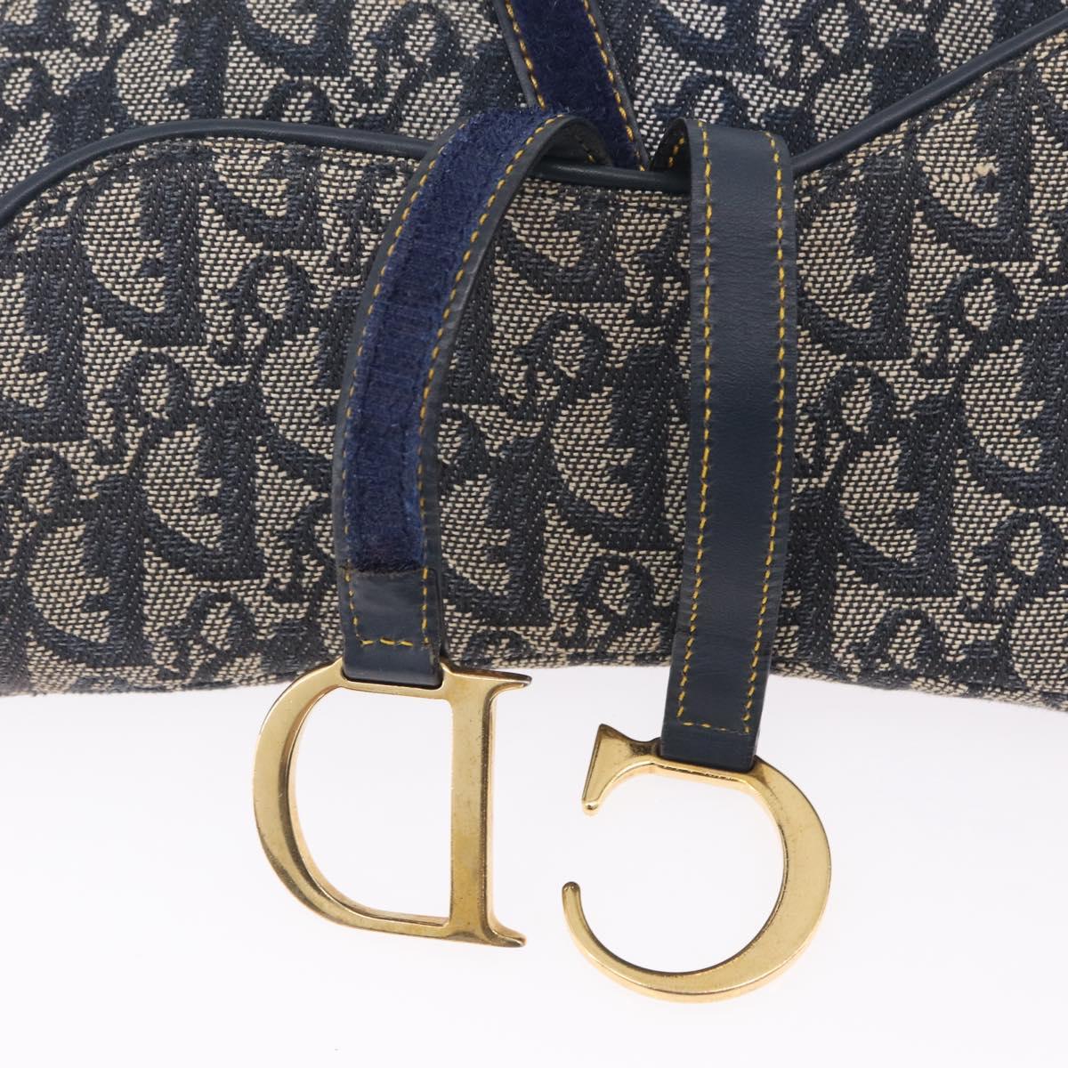 Christian Dior Trotter Canvas Double Saddle Shoulder Bag Navy Gold Auth 209322M