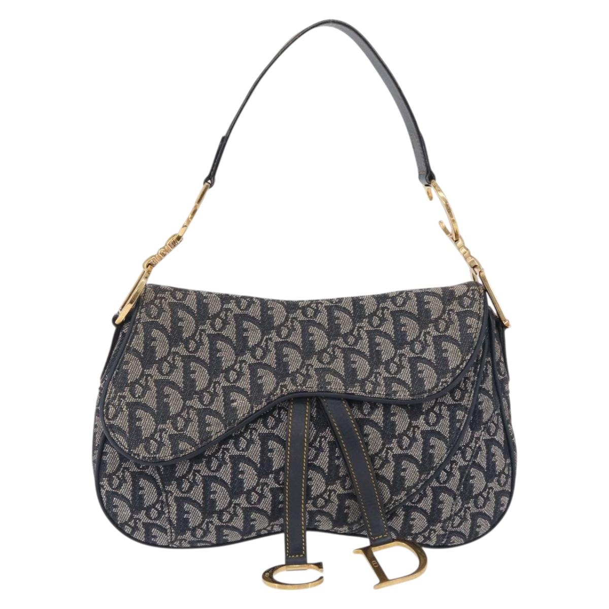 Christian Dior Trotter Canvas Double Saddle Shoulder Bag Navy Gold Auth 209322M