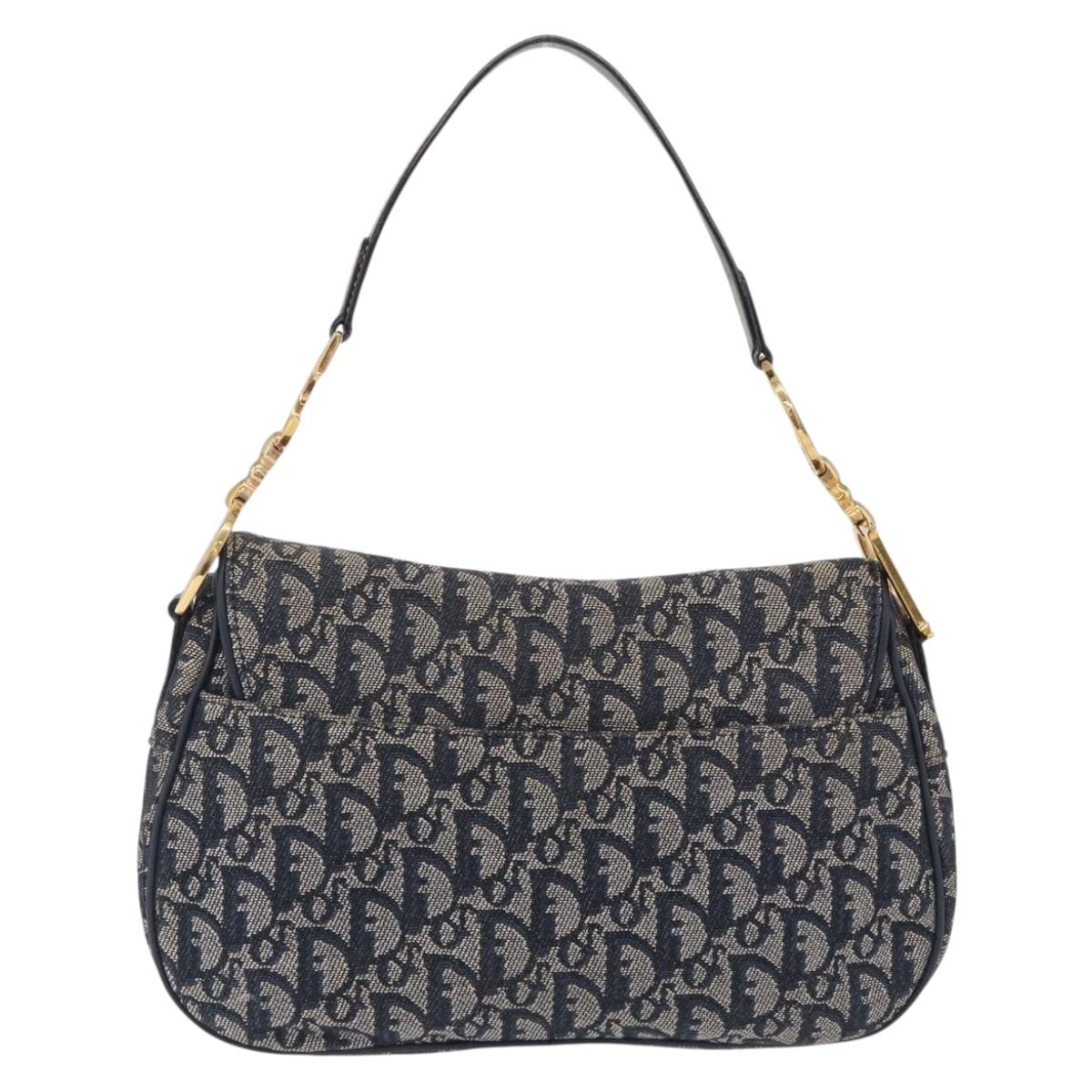 Christian Dior Trotter Canvas Double Saddle Shoulder Bag Navy Gold Auth 209322M