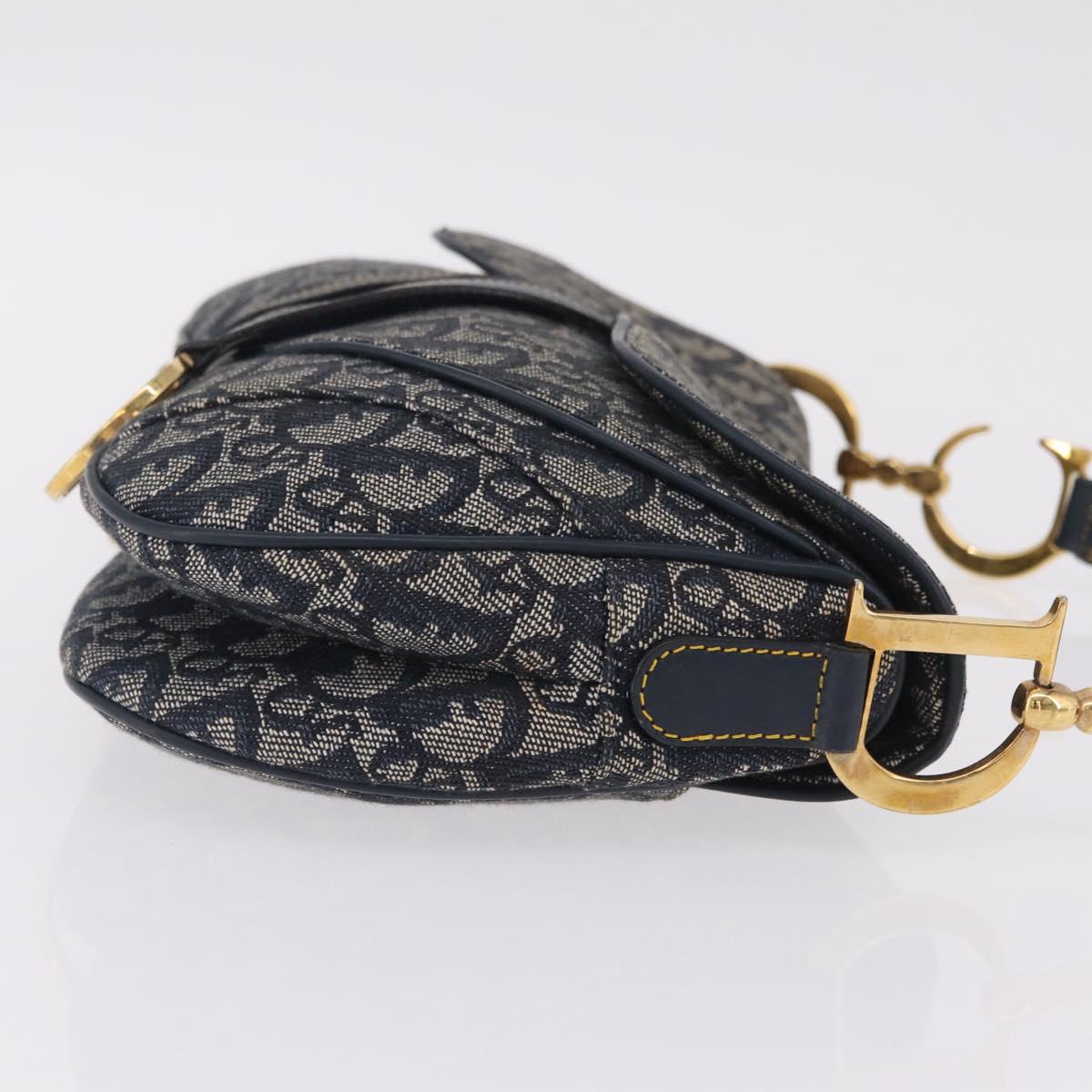 Christian Dior Trotter Canvas Double Saddle Shoulder Bag Navy Gold Auth 209322M
