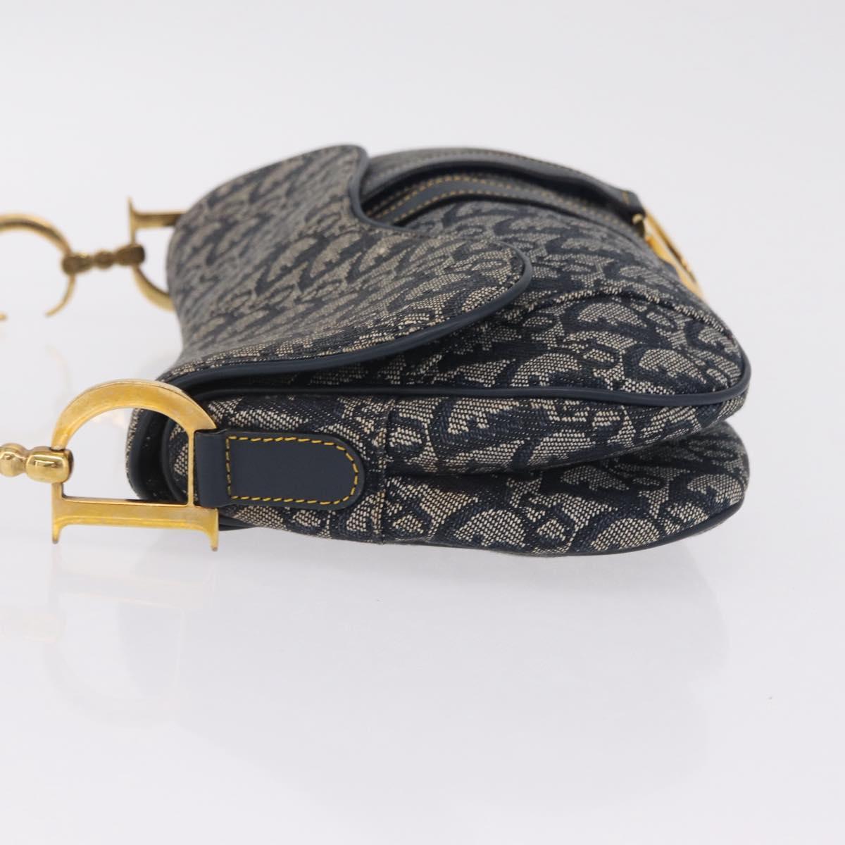 Christian Dior Trotter Canvas Double Saddle Shoulder Bag Navy Gold Auth 209322M
