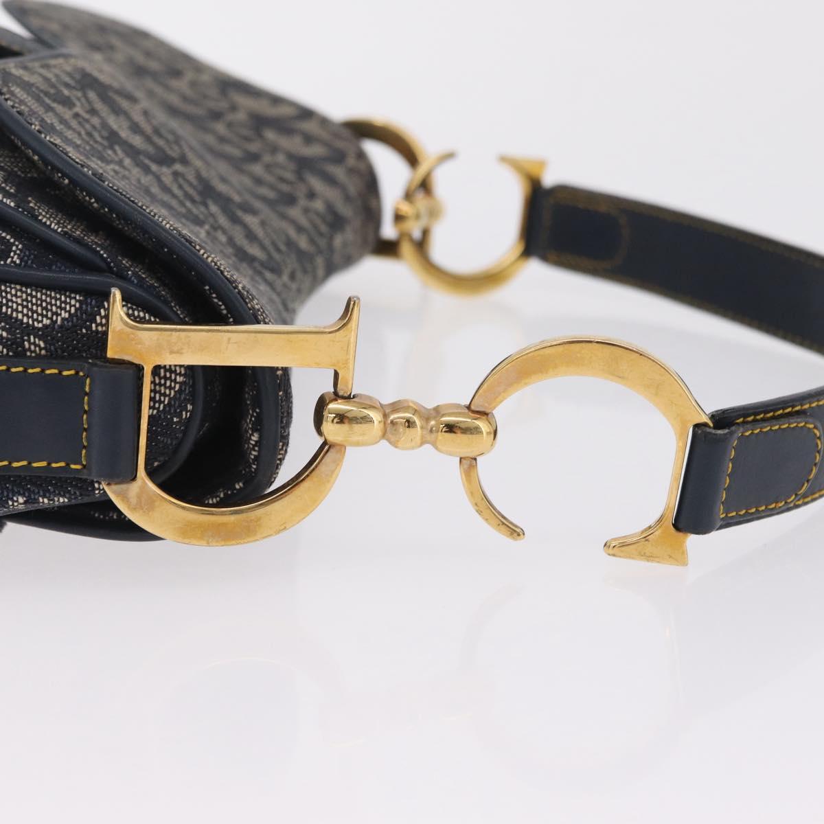 Christian Dior Trotter Canvas Double Saddle Shoulder Bag Navy Gold Auth 209322M