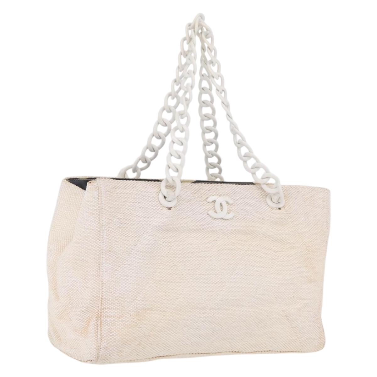 CHANEL Chain Tote Bag Canvas White Gold CC Auth 209331