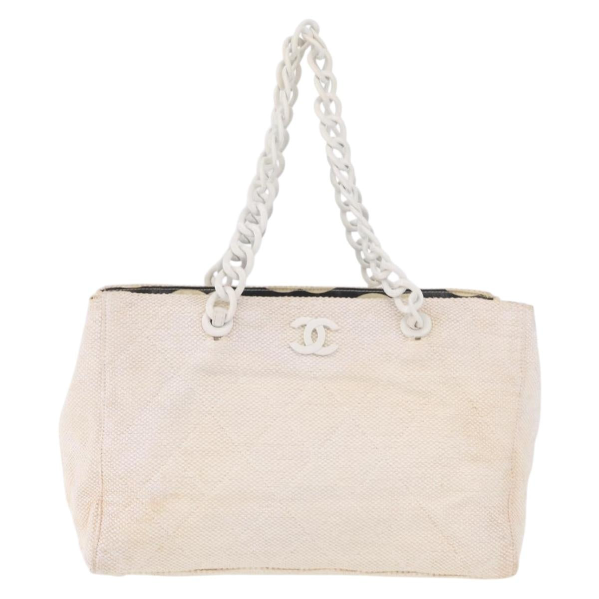 CHANEL Chain Tote Bag Canvas White Gold CC Auth 209331