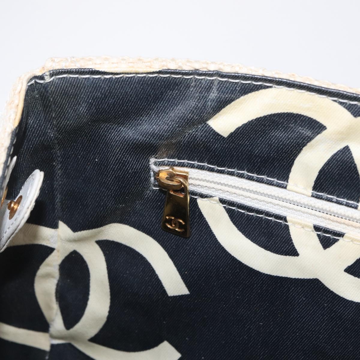 CHANEL Chain Tote Bag Canvas White Gold CC Auth 209331