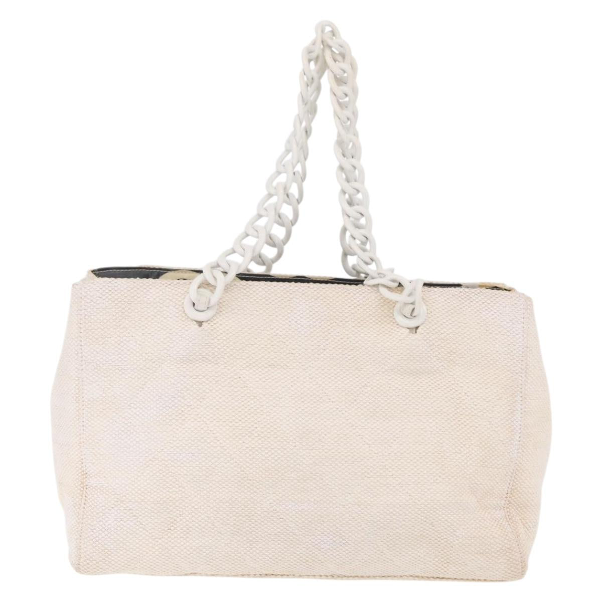 CHANEL Chain Tote Bag Canvas White Gold CC Auth 209331