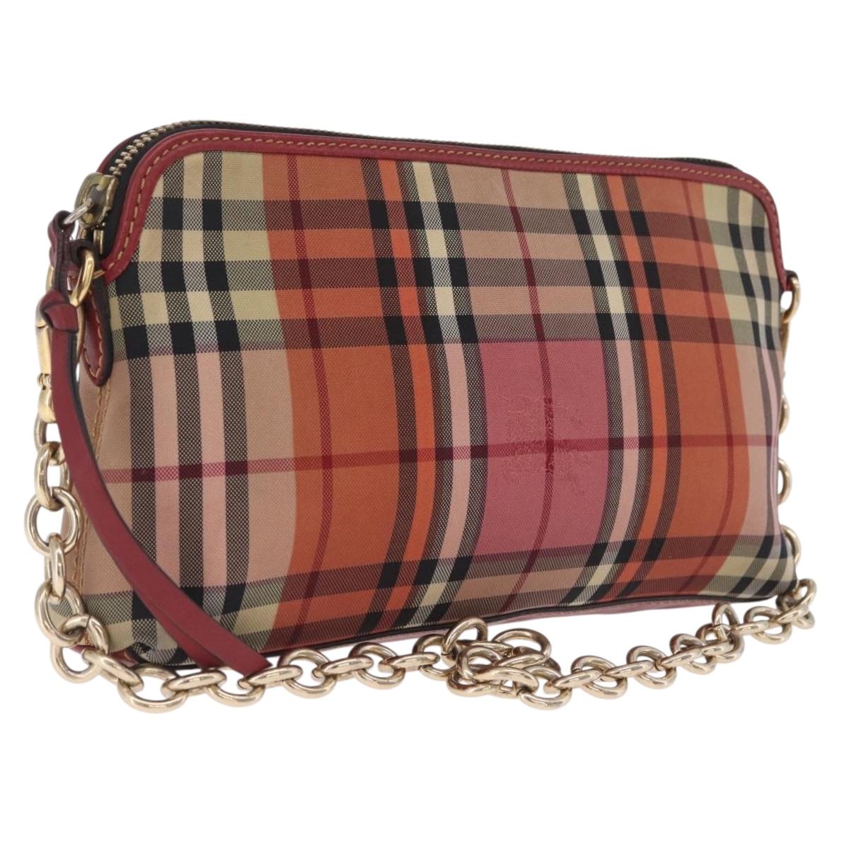 BURBERRY Nova Check Chain Shoulder Bag Canvas Red Gold Auth 209340A