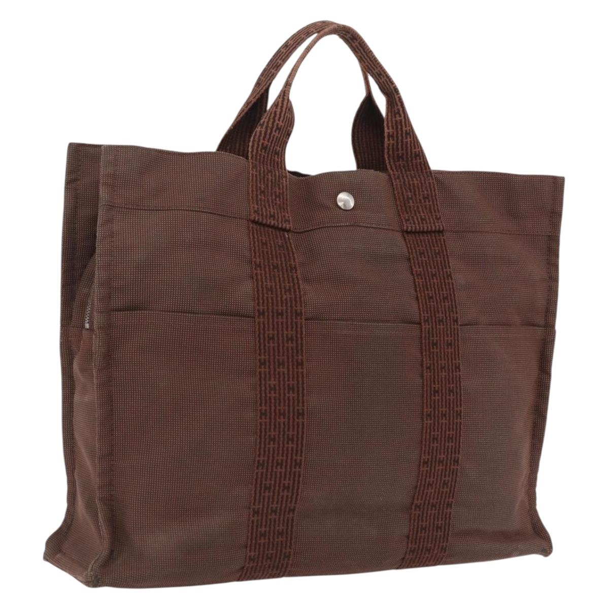 HERMES Her Line MM Hand Bag Canvas Brown Silver Auth 209350
