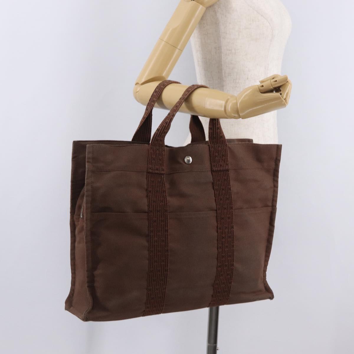 HERMES Her Line MM Hand Bag Canvas Brown Silver Auth 209350