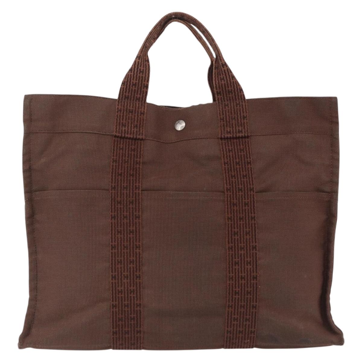 HERMES Her Line MM Hand Bag Canvas Brown Silver Auth 209350