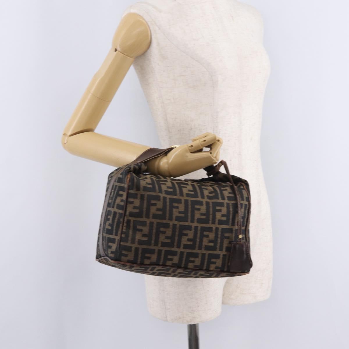 FENDI Zucca Canvas Vanity Hand Bag Brown Gold Tone Auth 209377
