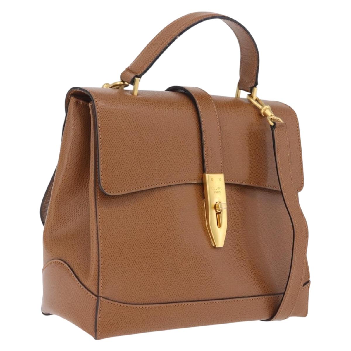 CELINE Hand Bag Leather 2way Brown Gold Auth 209392V