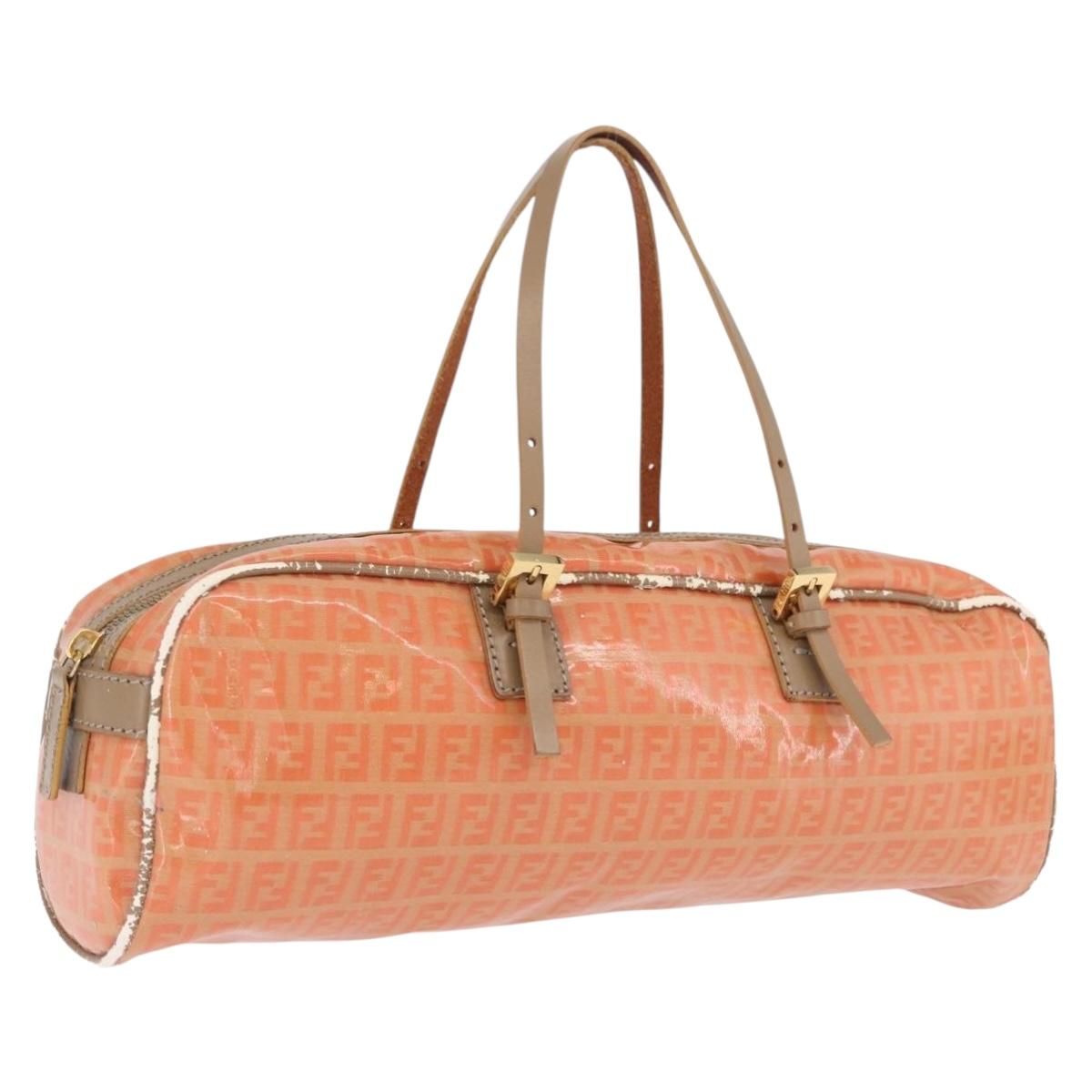 FENDI Zucchino Canvas Hand Bag Coated Canvas Orange Gold Auth 209422